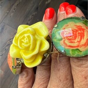 Vintage Floral yellow Rose roses Black satin bow stretchy bracelet cottagecore
